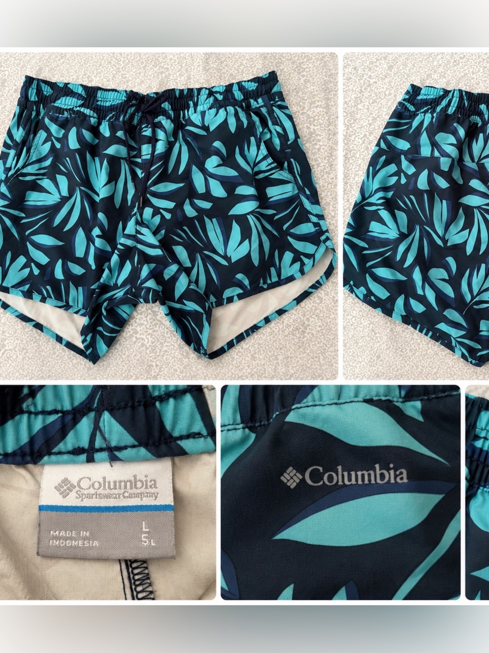 Columbia Women’s Large Tropical Leaf Athletic Shorts Navy Aqua